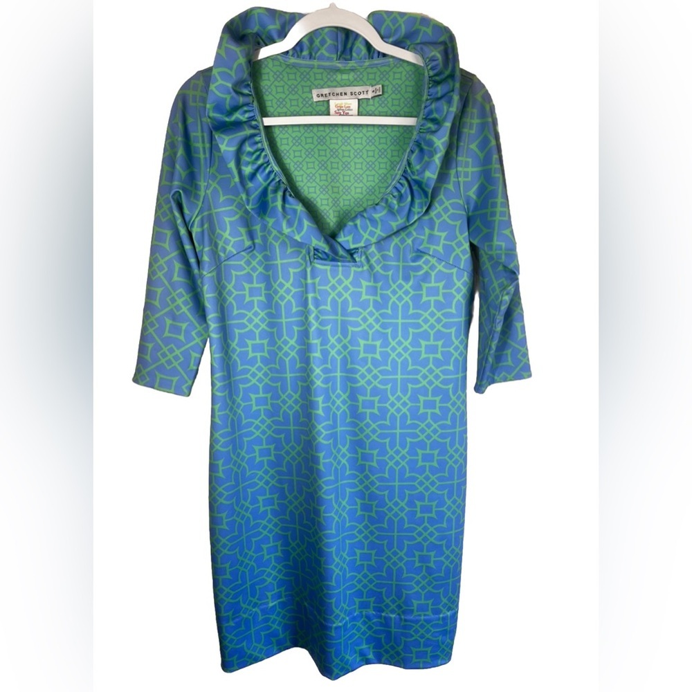 Gretchen Scott Ruffle Neck Blue and Green Print Dress Size‎ S